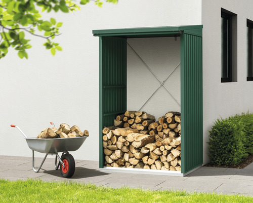 Abri à bois avec bois de chauffage et brouette dans le jardin