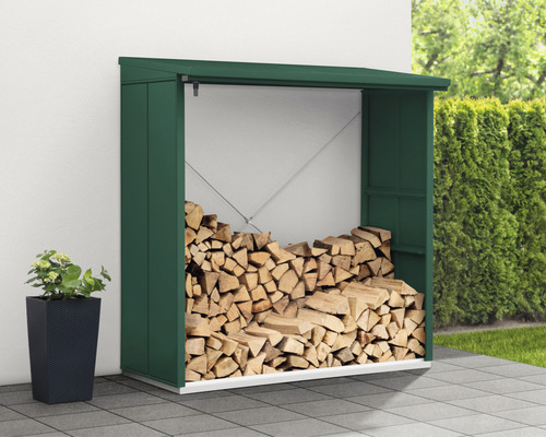 Étagère à bois avec bûches et jardinière