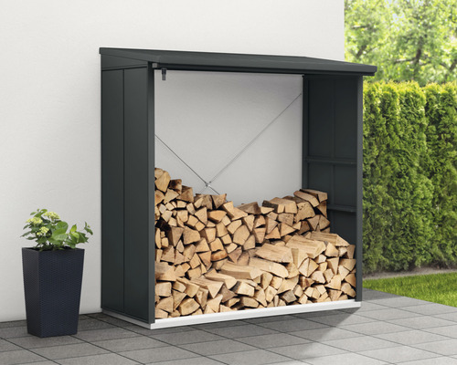 Stockage de bois avec bois et plante en pot