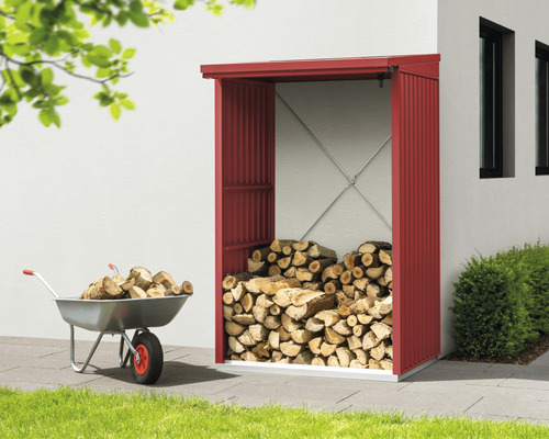 Abri à bois rempli de bois de chauffage et brouette