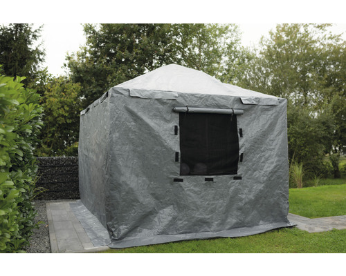 Graues Partyzelt mit Fenster auf Rasenfläche