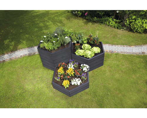 Trois carrés potagers en plastique avec des fleurs et des légumes dans le jardin