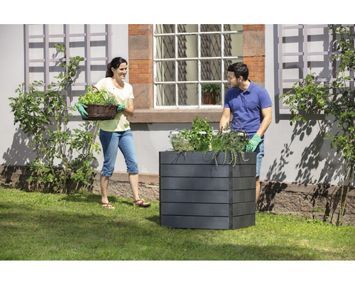 Image de jardin avec un couple plantant des herbes dans une jardinière surélevée.