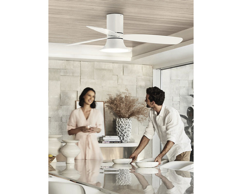 Deckenventilator mit Beleuchtung in einem hellen Raum mit zwei Personen.