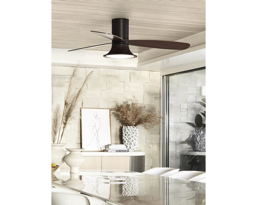 Ventilateur de plafond avec éclairage dans une pièce aménagée moderne.