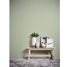 Vases décoratifs et cadres sur un banc en bois devant un mur vert.