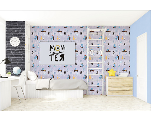 Helles Kinderzimmer mit gemusterter Tapete, Spielgerüst und Schreibtisch