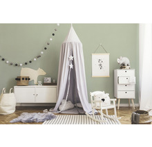 Chambre d''enfant lumineuse avec baldaquin, armoire et décorations au design neutre