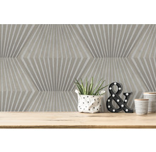 Papier peint à motifs avec plante d''intérieur et éléments décoratifs sur une table en bois