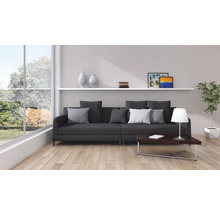 Wohnzimmer mit Sofa, Couchtisch und Dekoration