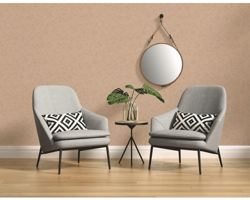 Deux fauteuils avec coussins, un miroir rond et une table d''appoint avec un vase et une plante dans une pièce lumineuse.