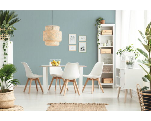 Heller Essbereich mit Esstisch, Stühlen, Regal und Zimmerpflanzen für eine freundliche Atmosphäre.