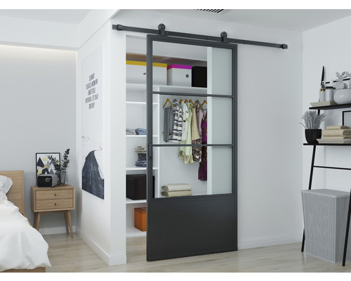 Porte acier 100x235 cm verre transparent 3 zones système de socle moderne en haut Porte acier 100x235 cm verre transparent 3 zones système de socle moderne en haut