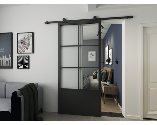 Porte acier 100x215 cm verre transparent 6 zones système de socle moderne en haut Porte acier 100x215 cm verre transparent 6 zones système de socle moderne en haut