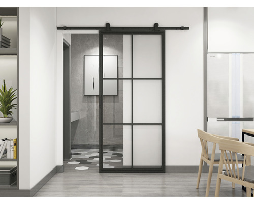 Porte acier 100x235 cm verre transparent 6 zones système en haut