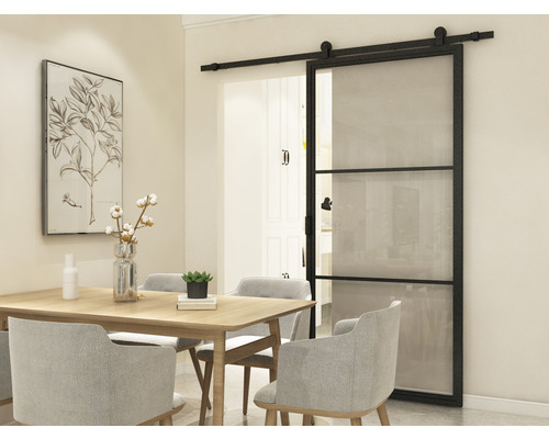 Porte acier 100x235 cm verre transparent 3 zones système en haut