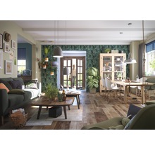 Salon lumineux avec canapé, table à manger, chaises et plantes.