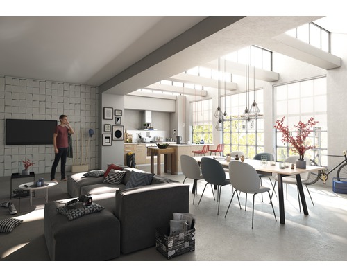 Salon lumineux avec canapé, table à manger, chaises et cuisine ouverte