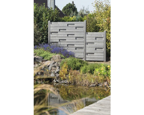 Scène de jardin avec clôture en bois moderne et bassin