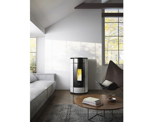 Salon avec poêle à pellets, canapé et fauteuil