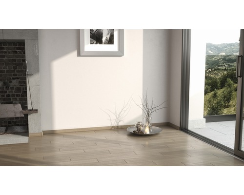 Intérieur avec plancher en bois, cheminée et vue sur la verdure