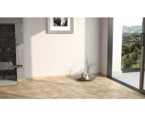Pièce claire avec plancher en bois, décoration et vue sur l''extérieur