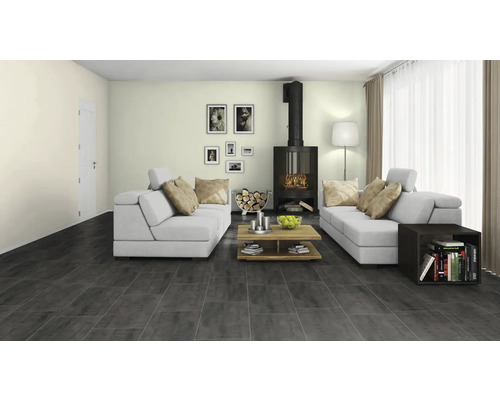 Salon lumineux avec carrelage gris, poêle et deux canapés