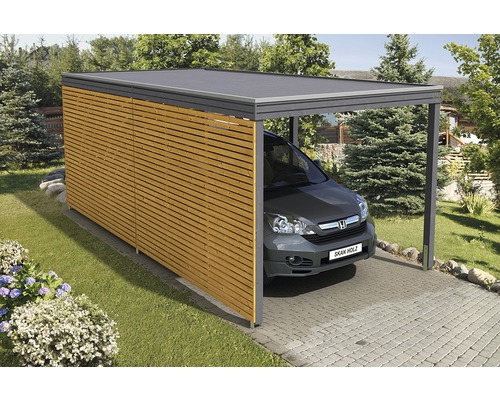 Abri de voiture moderne avec paroi en bois et voiture garée