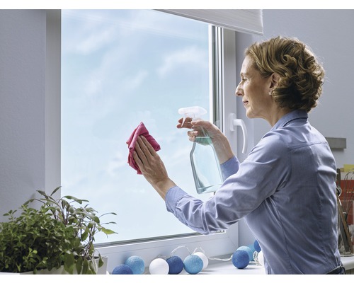 Femme nettoie les fenêtres avec un vaporisateur et un chiffon