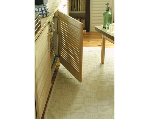 Küchenszene mit offenem Holzschrank mit Lamellentüren