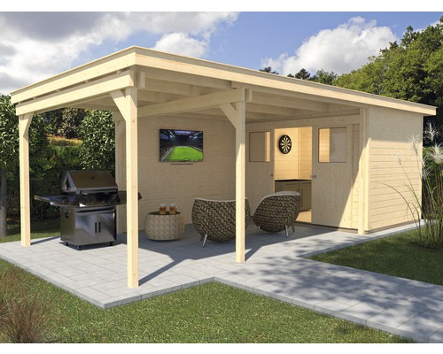 Gartenhaus weka Man Cave Play & Relax Gr.2 mit Fussboden und seitlicher Überdachung 676 x 336 cm natur