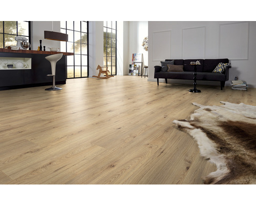 Helles Wohnzimmer mit Laminatboden in Holzoptik, Sofa und Dekoration