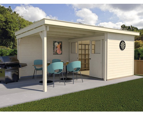 Maison de jardin en bois avec barbecue, table et chaises