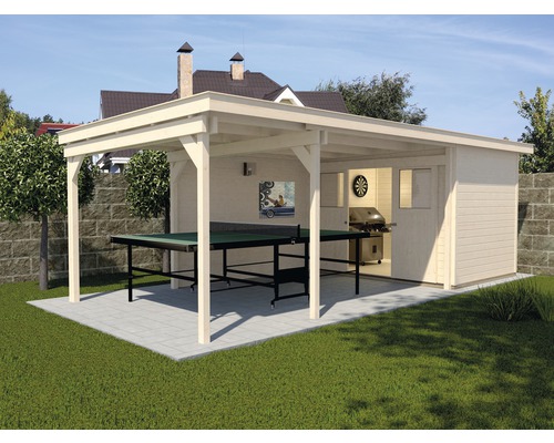 Abri de jardin avec toit, table de ping-pong et barbecue à l''extérieur