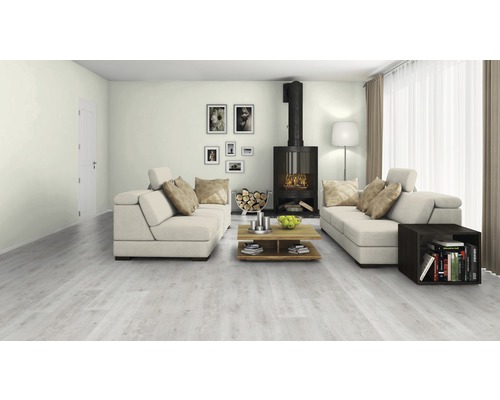 Salon lumineux avec canapé, cheminée et parquet