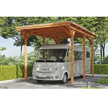 Wohnmobil Carport aus Holz mit darüber geparktem Wohnwagen