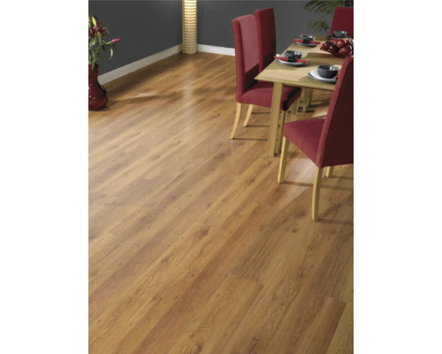 Esszimmer mit Laminatboden in Holzoptik, Esstisch und Stühlen