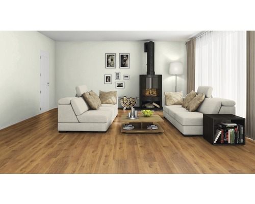 Helles Wohnzimmer mit Sofa, Kaminofen, Holzboden und Dekoration