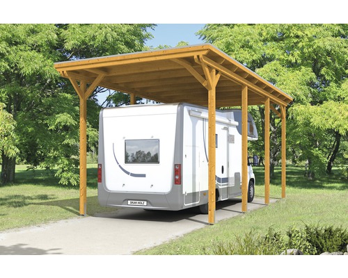 Holz Wohnmobil Carport mit einem Wohnmobil