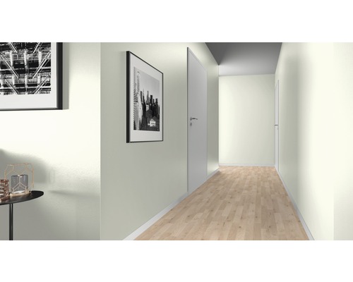 Couloir lumineux avec deux photos encadrées au mur et plancher en bois