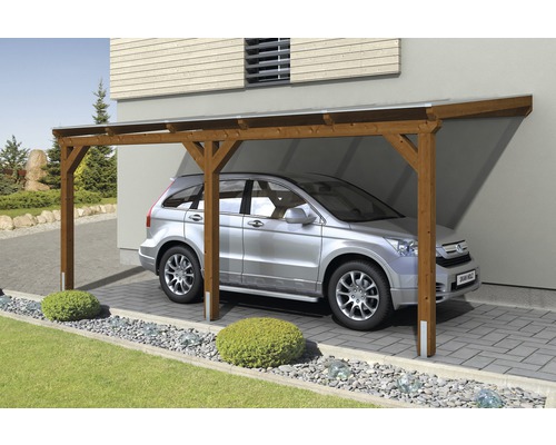 Carport simple SKAN HOLZ Vogtland avec ancrages pour poteaux 300x541 cm noyer Abri de voiture en bois avec voiture sur la place de parking