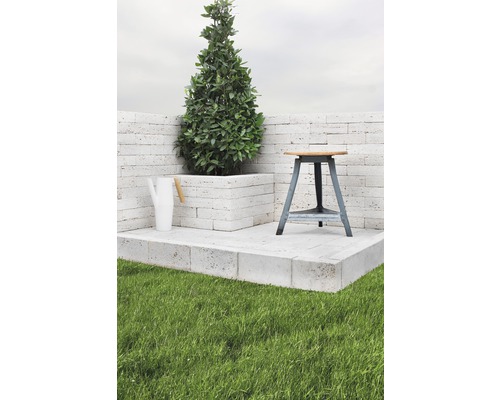 Gartenszene mit Pflanze, Gießkanne und Hocker auf Rasenfläche