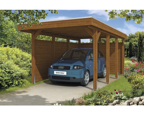 Carport simple SKAN HOLZ Friesland avec parois latérales et paroi arrière 314x555 cm noyer Carport simple SKAN HOLZ Friesland avec parois latérales et paroi arrière 314x555 cm noyer