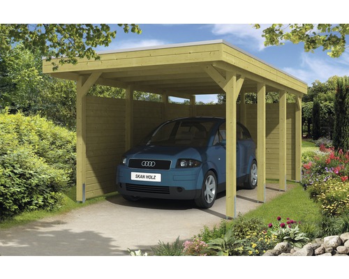 Carport pour un véhicule SKAN HOLZ Friesland 314x555 cm imprégné par immersion Abri de voiture en bois avec voiture dans le jardin