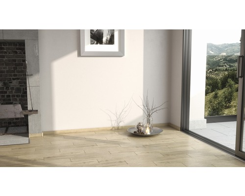 Pièce lumineuse avec plancher en bois, cheminée et vue sur la verdure