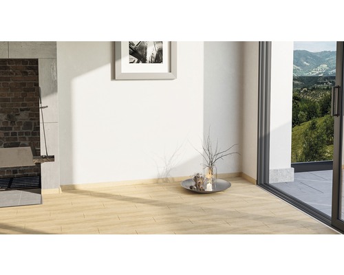 Pièce lumineuse avec carrelage imitation bois, porte de terrasse et coin barbecue