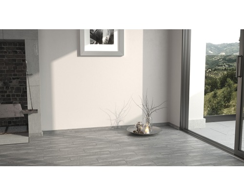 Innenraum mit Bodenfliesen in Holzoptik, Kamin und Fensterfront