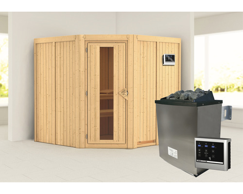 Elementsauna Karibu Jarina Fichte inkl. 9 kW Ofen u.ext.Steuerung ohne Dachkranz mit Holztür und Isolierglas wärmegedämmt