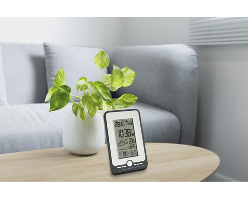 Wetterstation auf einem Tisch mit Pflanze und Sofa im Hintergrund