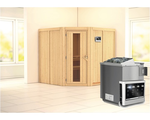 Sauna modulaire Karibu Jarinaa avec poêle Bio 9 kW et commande extérieure, sans frise de toit